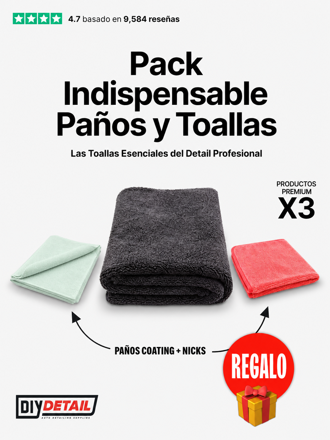 Pack Indispensable Paños y Toallas MotorHaus DIY Detail con DIVA, Coating Towel y Nicks Glass de regalo