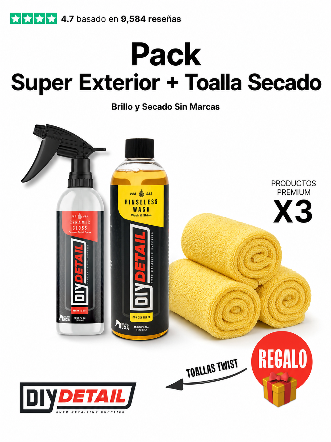 Pack Super Exterior + Toalla de Secado MotorHaus DIY Detail con Ceramic Gloss, Rinseless Wash y Toallas Twist Towel de regalo