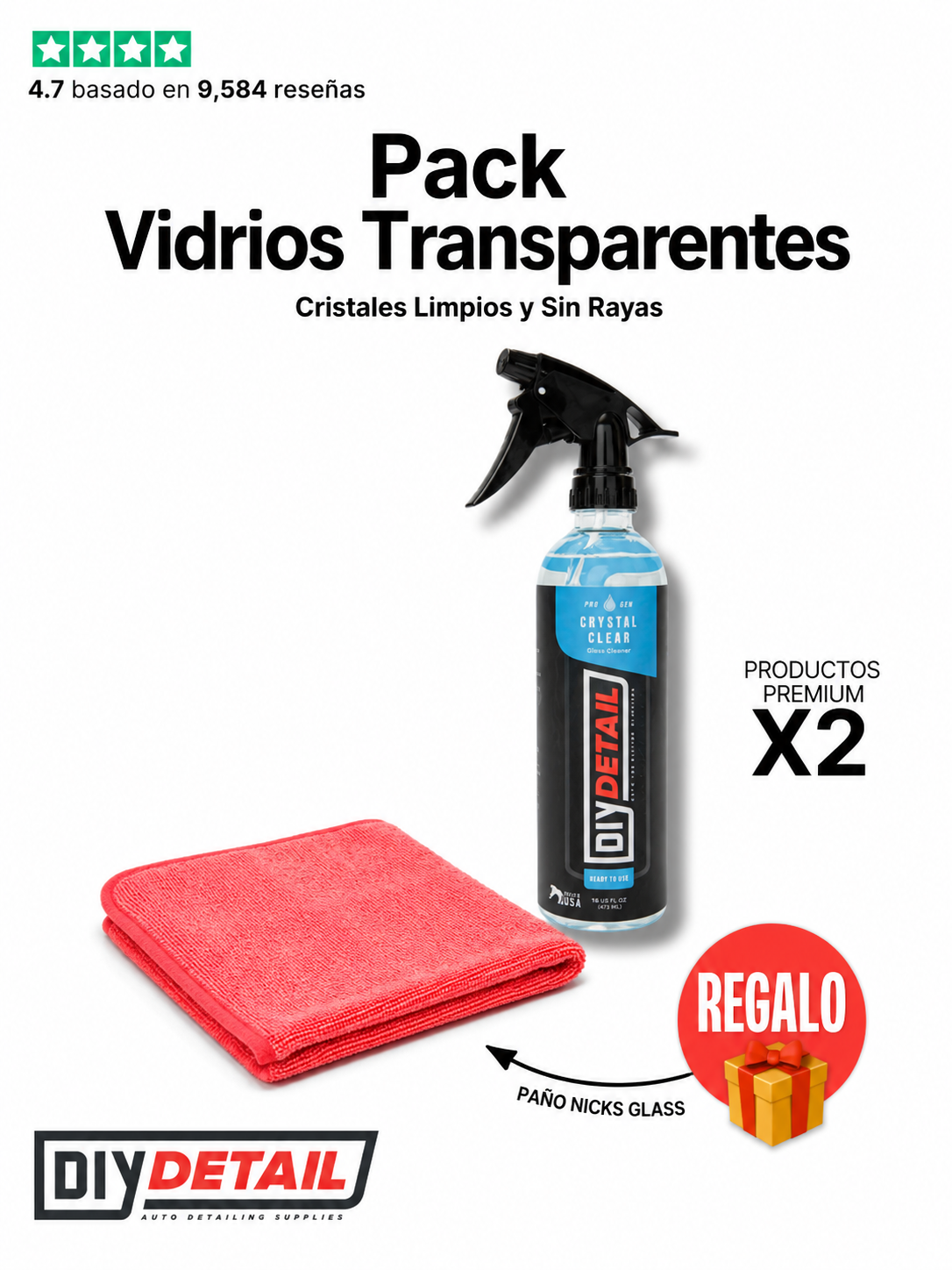 Pack Vidrios Transparentes MotorHaus DIY Detail con Crystal Clear y paño Nicks Glass de regalo