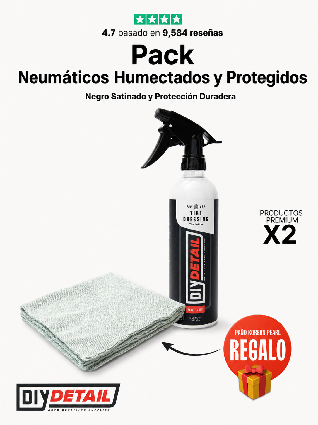 Pack Neumáticos Humectados y Protegidos MotorHaus DIY Detail con Tire Dressing y paño Korean Pearl de regalo